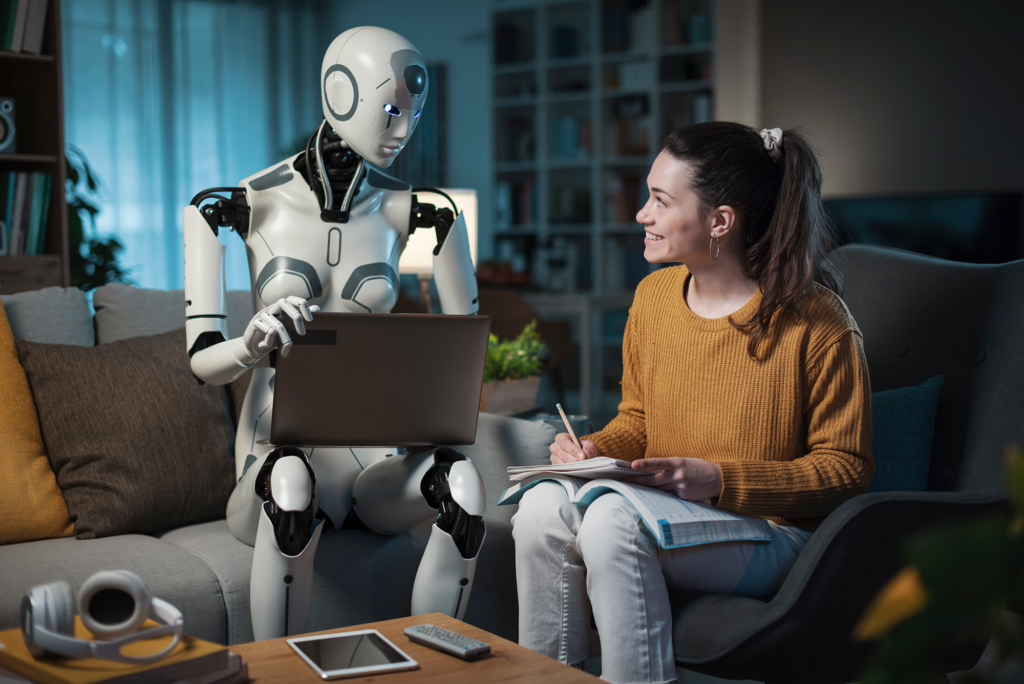 A Picture Showing a Robot Helping a Woman Study - The Benefits of Using AI for Writing